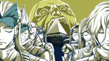 3girls 5boys aleph_(megami_tensei) beth_(megami_tensei) closed_eyes daleth_(megami_tensei) earrings facial_scar fangs gimmel_(megami_tensei) hanoun hiroko_(megami_tensei) jewelry long_hair macossa multiple_boys multiple_girls open_mouth pointy_ears pyramid_(geometry) scar scar_on_cheek scar_on_face scar_on_forehead scar_on_nose shin_megami_tensei shin_megami_tensei_ii short_hair teeth upper_body yellow_background yhvh_(megami_tensei) zayin_(megami_tensei)