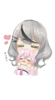 2girls absurdres ahoge animal_ear_fluff animal_ears black_hair blush chemical_structure chibi closed_eyes commentary_request double_bun fang grey_hair hair_between_eyes hair_bun hair_ornament hakui_koyori hakui_koyori_(1st_costume) heart hexagon_hair_ornament highres hololive holox hug hug_from_behind kissing_head long_hair multicolored_hair multiple_girls necktie nema_029 nervous_sweating open_mouth pink_hair pink_necktie sakamata_chloe sakamata_chloe_(1st_costume) simple_background skin_fang spread_legs sweat virtual_youtuber wolf_ears wolf_girl x_hair_ornament