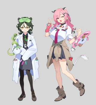 animal animal_ears bell black_hair black_pantyhose black_shirt boots breasts clothes_around_waist collared_shirt commentary cow_ears cow_girl cowbell eye_mask fingerless_gloves full_body gloves green_hair green_necktie grey_background grey_skirt highres id_card lab_coat large_breasts lizard long_hair mask multicolored_hair multiple_girls neck_bell necktie one_eye_closed open_mouth original pantyhose pink_hair red_necktie shirt simple_background single_fingerless_glove skirt snake standing streaked_hair symbol-only_commentary tail vial white_shirt zzzearly
