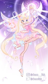 alternate_costume arms_up bad_id bad_twitter_id bare_shoulders barefoot_sandals_(jewelry) bishoujo_senshi_sailor_moon blonde_hair blue_eyes bottle bow bowtie braid bun_cover chocofish circlet closed_mouth commentary dress elbow_gloves enchantix english_commentary eyelashes fairy fairy_wings feathers floating glitter gloves glowing gradient_background halter_dress halterneck happy heart instagram_username light_particles lipstick long_hair looking_ahead magical_girl makeup moon object_floating_above_hand pink_bow pink_bowtie pink_gloves pink_lips pink_wings purple_background purple_dress ringlets sailor_moon short_dress smile toes tsukino_usagi twin_braids twitter_username very_long_hair watermark wavy_hair wings winx_club