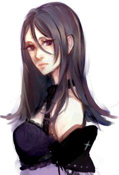 1girl black_hair chibibro choker drag-on_dragoon drag-on_dragoon_3 facial_mark female_focus forehead_mark highres lips long_hair nose portrait purple_eyes solo tattoo three_(drag-on_dragoon)