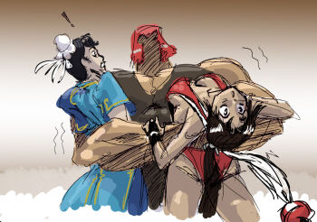 3girls bearhug capcom chun-li concept_art long_hair marisa_(street_fighter) multiple_girls ninja non-web_source ponytail ryona shiranui_mai skech street_fighter street_fighter_6 tagme