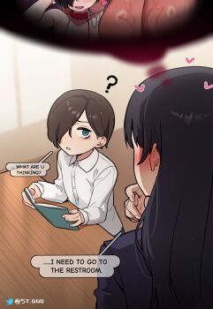 1boy 2girls 5t_(5t_000) :d ? absurdres aqua_eyes back black_hair blush boku_no_kokoro_no_yabai_yatsu book breasts cleavage dark-skinned_female dark_skin english_text hair_over_one_eye heart highres ichikawa_kyoutarou large_breasts long_hair looking_at_another multiple_girls open_book open_mouth paid_reward_available school_uniform smile yamada_anna