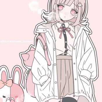 1girl :o animal_bag blush bow brown_hair brown_skirt commentary_request cowboy_shot danganronpa_(series) danganronpa_2:_goodbye_despair ear_bow flipped_hair hair_ornament hood jacket komanami_kawaii long_sleeves looking_at_viewer medium_hair monomi_(danganronpa) nanami_chiaki neck_ribbon open_clothes open_jacket outline pink_bag pink_eyes pink_ribbon pleated_skirt ribbon shirt shirt_tucked_in skirt two-tone_shirt white_jacket white_outline white_shirt