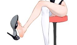 Rule 34 | 1girl, barefoot, between toes, black footwear, commentary, crossed legs, english commentary, extreme dangling, feet, foot focus, foot out of frame, high heels, highleg, holding with feet, legs, lower body, original, presenting foot, simple background, single bare leg, single thighhigh, sitting, sketch, soles, solo, stiletto heels, sydus, thighhighs, toenails, toes, white background, white thighhighs