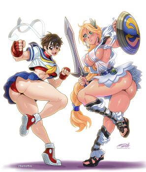 Rule 34 | 2girls, armor, ass, blonde hair, bloomers, blue eyes, blue skirt, blush, breasts, brown eyes, brown hair, cleavage, cropped shirt, crossover, darkereve, dress, fingerless gloves, from behind, full body, gloves, happy, headband, highres, holding, holding sword, holding weapon, kasugano sakura, large breasts, legs, lips, long hair, midriff, multiple girls, open mouth, pleated skirt, red gloves, revealing clothes, sandals, school uniform, shield, shiny skin, shirt, shoes, short hair, shoulder armor, sideboob, simple background, skirt, smile, sneakers, sophitia alexandra, soul calibur, sports bra, standing, standing on one leg, street fighter, sword, underwear, weapon, white background, white dress, white shirt
