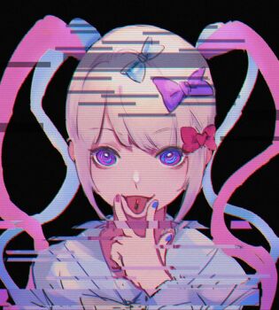 1girl @_@ artist_request black_background blue_hair blue_nails bow chouzetsusaikawa_tenshi-chan glitch hair_bow highres looking_at_viewer multicolored_eyes multicolored_hair multicolored_nails multiple_hair_bows nail_polish needy_girl_overdose noise pill pill_on_tongue pink_hair pink_nails quad_tails sailor_collar scanlines sidelocks simple_background smile solo source_request tongue tongue_out upper_body v v_over_mouth white_hair