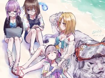 4girls ahoge animal blonde_hair blue_fire breasts brown_hair byakko_(heaven_burns_red) computer eyepatch fire flower glasses green_eyes grey_hair hair_flower hair_ornament heaven_burns_red highres higuchi_seika hiiragi_kozue kurauchi_naya laptop long_sleeves medium_hair minase_ichigo minase_sumomo multiple_girls ocean one_eye_covered purple_eyes purple_hair rose short_hair swimsuit team_31b_(heaven_burns_red) tiger white_tiger