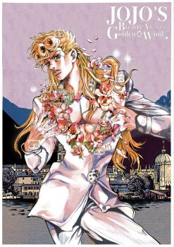 Rule 34 | 1boy, aged up, blonde hair, blue eyes, colored eyelashes, copyright name, dim 7976, flower, giorno giovanna, hair rings, hashtag-only commentary, highres, italy, jojo no kimyou na bouken, ladybug ornament, lily (flower), long hair, male focus, outdoors, pectorals, pink flower, pompadour, sample watermark, solo, twitter username, vento aureo, victory rolls, watermark