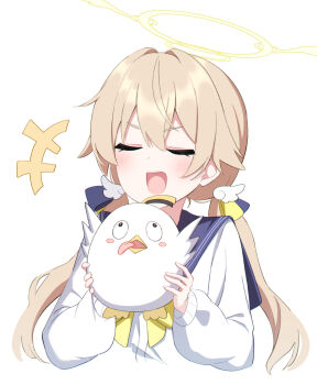 Rule 34 | +++, 1girl, black sailor collar, blue archive, blush, cardigan, closed eyes, foulo paints, hair between eyes, halo, hifumi (blue archive), highres, light brown hair, long hair, long sleeves, open mouth, peroro (blue archive), sailor collar, simple background, smile, solo, stuffed toy, upper body, white background, white cardigan, yellow halo