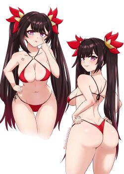 1girl absurdres akanbe ass back bikini bikini_pull breasts brown_hair clothes_pull commentary cropped_legs emixxcerberus english_commentary eyelid_pull flower_tattoo hair_ribbon highres honkai:_star_rail honkai_(series) large_breasts long_hair looking_back multiple_views navel purple_eyes red_bikini red_ribbon ribbon side-tie_bikini_bottom simple_background sparkle_(honkai:_star_rail) stomach swimsuit tattoo thighs thong_bikini tongue tongue_out twintails twitter_username white_background
