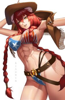 1girl aisurin1st american_flag american_flag_bikini american_flag_print bikini braid brown_hat brown_vest closed_mouth commentary cowboy_hat cropped_vest dragon_girl dragon_horns english_commentary flag_print flag_print_bikini hat highres horns horns_through_headwear long_hair looking_at_viewer multicolored_bikini muscular muscular_female print_bikini red_bikini red_hair smile solo star_(symbol) star_print star_print_bikini swimsuit twin_braids two-tone_bikini very_long_hair vest virtual_youtuber vshojo yellow_eyes zentreya zentreya_(dragon) zentreya_(dragon)_(cowboy_bikini)