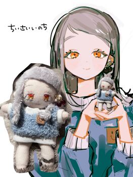 1girl blue_sweater character_doll cherry_earrings closed_mouth commentary_request cupping_hands doll earrings food-themed_earrings food_themed_earrings gakuen_idolmaster grey_hair hands_up highres holding holding_doll idolmaster jewelry long_hair long_sleeves looking_at_viewer orange_eyes own_hands_together pecopecosupipi photo_inset reference_inset shinosawa_hiro smile solo split_mouth sweater upper_body white_background