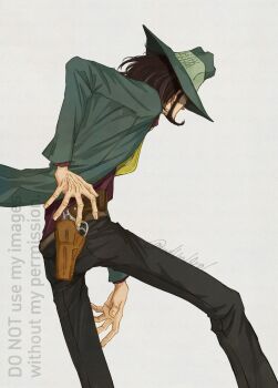 1boy beard belt belt_buckle black_hair black_pants brown_belt brown_hat brown_shirt buckle character_name collared_shirt commentary_request covered_eyes facial_hair foot_out_of_frame from_behind green_jacket gun handgun hat holding holding_gun holding_weapon holster jacket jigen_daisuke logo lupin_iii male_focus necktie open_clothes open_jacket pants revolver shirt simple_background smith_&amp;_wesson_model_19 solo twitter_username udun10rol watermark weapon white_background yellow_necktie