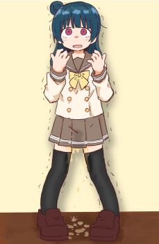 1girl black_thighhighs blue_hair blush bow bowtie brown_sailor_collar brown_shirt brown_shoes brown_skirt female_focus flat_chest full_body hair_bun hands_up highres indoors light_blush long_hair long_sleeves looking_up love_live! love_live!_sunshine!! miniskirt open_mouth peeing peeing_self pigeon-toed pleated_skirt ponnu_(tnpn2yw) red_eyes sailor_collar scared school_uniform shirt shoes simple_background single_hair_bun skirt solo standing straight-on thighhighs trembling tsushima_yoshiko wavy_mouth wet wet_clothes yellow_background yellow_bow yellow_bowtie zettai_ryouiki