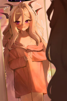 1girl absurdres blue_archive blush breasts commentary_request demon_horns embarrassed flat_chest full-length_mirror halo highres hina_(blue_archive) horns long_hair loose_clothes loose_shirt mintshiiii mirror naked_shirt nose_blush oversized_clothes oversized_shirt pajamas purple_eyes reflection reflection_focus shirt small_breasts solo thighs white_hair white_shirt