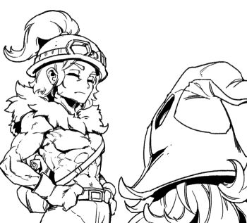 1boy 1girl bag bare_arms bare_shoulders belt facing_another from_behind gloves goggles goggles_on_headwear grey_background hat helmet humanization league_of_legends long_hair lulu_(league_of_legends) muscular muscular_male pants phantom_ix_row short_hair simple_background standing teemo
