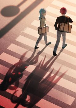 Rule 34 | 2boys, 4nimenut, :d, akabane karma, ansatsu kyoushitsu, bag, bat wings, black cardigan, black shoes, blue hair, cardigan, closed eyes, commentary request, crosswalk, demon, different shadow, eldritch abomination, from behind, full body, grey pants, hair down, hand in pocket, highres, kunugigaoka middle school uniform, long hair, male focus, multiple boys, open mouth, outdoors, pants, red hair, school uniform, shadow, shiota nagisa, shoes, short hair, shoulder bag, signature, smile, tentacles, twilight, walking, wide shot, wings, yellow cardigan