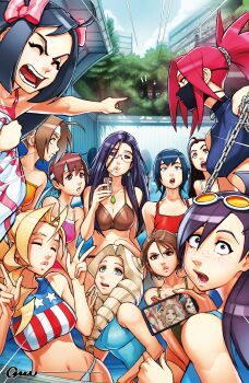 Rule 34 | 3boys, 6+girls, absurdres, ahoge, american flag, american flag bikini, american flag print, ayuhara natsu, bikini, black hair, breasts, capcom, caught, cellphone, chain, cleavage, covering breasts, covering privates, double v, drill hair, emphasis lines, eyewear on head, flag print, flag print bikini, freckles, glasses, group picture, headband, hibiki ran, highres, zaki (justice gakuen), iinchou (justice gakuen), justice gakuen, karuizawa momo, kasugano sakura, kazama akira, kirishima yurika, mask, minazuki kyoko, moero! justice gakuen, mouth mask, multiple boys, multiple girls, omar dogan, peeking, phone, pink hair, print bikini, rimless eyewear, roberto miura, sawamura shoma, smartphone, street fighter, sunglasses, swimsuit, tankini, tiffany lords, twin drills, v, wakaba hinata, edge (justice gakuen)