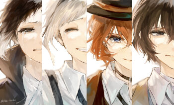 4boys akutagawa_ryuunosuke_(bungou_stray_dogs) ascot bandaged_neck bandages belt_collar black_coat black_hair black_necktie blue_eyes bolo_tie brown_coat brown_eyes brown_hair bungou_stray_dogs closed_eyes closed_mouth coat collar collared_shirt colored_tips column_lineup commentary_request crying dazai_osamu_(bungou_stray_dogs) fedora hair_between_eyes happy_tears hat hiba_riko high_collar looking_at_viewer male_focus multicolored_hair multiple_boys nakahara_chuuya_(bungou_stray_dogs) nakajima_atsushi_(bungou_stray_dogs) necktie orange_hair shirt short_hair simple_background split_crop suspenders tears twitter_username two-tone_hair white_ascot white_background white_hair white_shirt