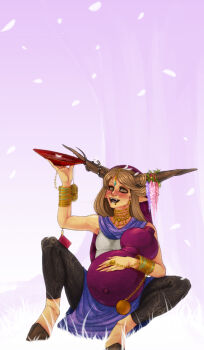 Rule 34 | 1girl, bad deviantart id, bad id, blush, bracelet, brown hair, cherry blossoms, cup, dizmathik, drunk, earrings, eyelashes, face piercing, fangs, gourd, highres, hood, hooves, horns, ibuki suika, jewelry, lip piercing, necklace, paisley, petals, piercing, pointy ears, sakazuki, satyr, tassel, touhou, unmoving pattern, yellow eyes
