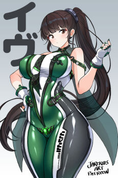 1girl artist_name black_hair breasts brown_eyes eve_(stellar_blade) female_focus gloves hair_ornament hand_on_own_hip highres jarckius large_breasts light_blush long_hair multicolored_bodysuit patreon_username planet_diving_suit_(7th)_(stellar_blade) ponytail simple_background skin_tight stellar_blade two-tone_bodysuit white_background white_gloves