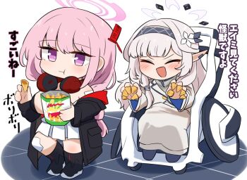 Rule 34 | 2girls, blue archive, chibi, eating, eimi (blue archive), halo, himari (blue archive), japanese text, multiple girls, pink hair, pink halo, pointing, sashu (thershr6s), sitting, snack, twitter, wheelchair, white hair