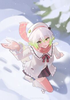 1girl animal_ears black_skirt braid coat ferret_ears ferret_girl ferret_tail green_eyes green_hair green_tail hat indie_virtual_youtuber laimu_(vtuber) looking_up multicolored_tail naya_moonfang open_mouth pink_scarf pleated_skirt scarf short_hair skirt snow snowflakes tail thighhighs thighs tree virtual_youtuber white_tail winter winter_clothes