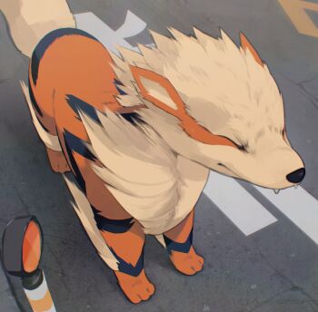 Rule 34 | arcanine, black fur, body fur, closed eyes, dog, fangs, gen 1 pokemon, nintendo, olyester, orange fur, pokemon, pokemon (creature), road, solo, street, striped fur, wind