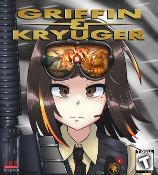 1girl absurdres assault_rifle black_hair brown_eyes command_&amp;_conquer commission girls&#039;_frontline goggles goggles_on_head gun highres m16 m16a1_(girls&#039;_frontline) m16a2 magazine_(weapon) mole mole_under_eye multicolored_hair orange_hair parody rifle serjatronic solo streaked_hair upper_body weapon