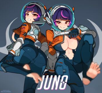 Rule 34 | 1girl, alternate breast size (larger), artist name, ass, barefoot, blue background, blue bodysuit, blunt bangs, blush, bodysuit, breasts, bright pupils, cameltoe, censored, censored feet, character name, commentary, cropped jacket, english commentary, feet, fishbowl helmet, foot out of frame, huge breasts, invisible chair, jacket, juno (overwatch), knee up, legs, looking at viewer, mosaic censoring, multicolored hair, multiple views, navel, orange jacket, overwatch, paid reward available, partially unzipped, purple hair, red eyes, rezodwel, short hair, simple background, sitting, smile, soles, spread toes, stirrup legwear, streaked hair, toeless legwear, toes, watermark, web address, white pupils