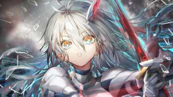 1girl armor blue_eyes broken_glass duel_monster glass grey_armor grey_hair hashtag-only_commentary highres holding holding_sword holding_weapon long_hair mecha_musume multicolored_eyes red_eyes revision sky_striker_ace_-_zero solo sword two-tone_eyes upper_body weapon xblhh yu-gi-oh!