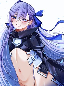 1girl absurdres black_jacket blue_eyes blue_ribbon blush breasts cropped_jacket fate/grand_order fate_(series) grin highres jacket long_hair long_sleeves looking_at_viewer mcpc_zamurai meltryllis_(fate) navel purple_hair ribbon small_breasts smile solo