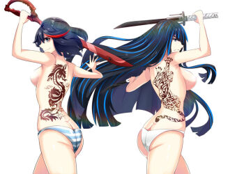 arched_back arm_up armpits arms_up ass avaloki back back-to-back back_tattoo black_hair blue_eyes breasts butt_crack censored_nipples clenched_hand clenched_hands collarbone curvy determined dimples_of_venus epic eyebrows eyelashes family female_focus fighting_pose fighting_stance fingernails floating_hair from_behind hair_between_eyes hime_cut holding holding_sword holding_weapon kill_la_kill kiryuuin_satsuki large_breasts legs long_hair looking_at_viewer looking_back looking_to_the_side matoi_ryuuko medium_breasts medium_hair multicolored_hair neck official_underwear outstretched_arms panties profile red_streaks serious shiny_clothes shiny_skin shoulder_blades siblings sideboob sidelocks simple_background sisters smile smirk smug spiked_hair spread_arms standing straight_hair streaked_hair striped_clothes striped_panties sword tattoo thighs toenails topless_female trigger_(company) two-tone_hair underwear underwear_only unworn_clothes weapon white_background white_panties wind wind_lift