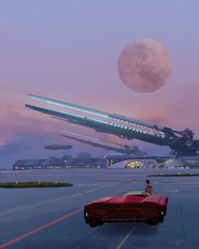 1boy building commentary english_commentary evening from_behind grand_scale highres hover_vehicle manavu moon original outdoors railgun science_fiction signature sky solo spacecraft watermark wide_shot