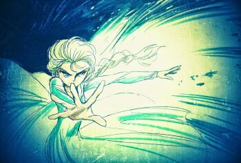 1girl animification blonde_hair blue_dress blue_eyes blue_theme braid commentary_request dress elsa_(frozen) floating_hair frozen_(disney) highres long_dress long_hair looking_ahead miyao_gaku open_hand outstretched_arm serious single_braid sketch solo standing traditional_media v-shaped_eyebrows