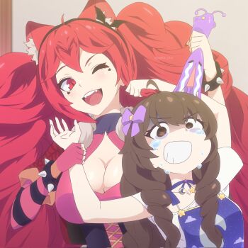 2girls :d @_@ ahoge angry animal_ear_fluff animal_ears arm_grab asymmetrical_gloves bat_hair_ornament big_hair black_corset black_hairband blob blue_choker blue_dress blush bow bracelet breasts brown_eyes brown_hair cat_ears centi_(nimu) choker cleavage cleavage_cutout clenched_teeth clothing_cutout cloud_print commentary corset crying dress elbow_gloves fangs fingerless_gloves gloves hair_bow hair_ornament hairband heart height_difference highres indie_virtual_youtuber jewelry lace lace_choker large_breasts long_hair lunaria_ayaren moon_print multiple_girls nimu_(vtuber) nimu_(vtuber)_(3rd_costume) off-shoulder_shirt off_shoulder one_eye_closed open_clothes open_mouth patrick_fche pinafore_dress pulling purple_bow red_dress red_eyes red_gloves red_hair shaded_face shirt single_elbow_glove sleeveless sleeveless_dress slit_pupils small_breasts smile spiked_bracelet spikes streaming_tears striped_clothes striped_gloves suspenders tearing_up tears teasing teeth uneven_gloves upper_body upper_teeth_only virtual_youtuber wavy_hair white_shirt