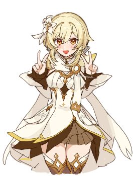 1girl blonde_hair boots breasts brown_boots commentary_request double_v dress flower genshin_impact hair_between_eyes hair_flower hair_ornament hair_ribbon hands_up highres kuromu_shado long_sleeves looking_at_viewer lumine_(as_heaven_and_earth_are_made_anew)_(genshin_impact) lumine_(genshin_impact) medium_breasts official_alternate_costume open_mouth ribbon scarf simple_background solo thigh_boots twitter_username v white_background white_dress white_scarf yellow_eyes