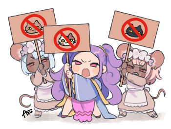 3girls angry animal_ear_piercing animal_ears apron arms_up azu_(kirara310) blue_hair blue_robe blue_rope blunt_bangs blush_stickers cat chibi commentary_request daikokuten_(fate) daikokuten_(first_ascension)_(fate) dark-skinned_female dark_skin dress fate/grand_order fate_(series) furrowed_brow holding holding_sign legs_apart long_hair long_sleeves maid maid_headdress mouse_ears mouse_girl mouse_tail multiple_girls narrowed_eyes no_symbol open_mouth parted_bangs pelvic_curtain pink_dress pink_eyes pink_hair protest purple_hair red_eyes robe rope scowl sign signature simple_background standing tail twintails v-shaped_eyebrows very_long_hair white_apron white_background wide_sleeves wu_zetian_(fate) wu_zetian_(first_ascension)_(fate)