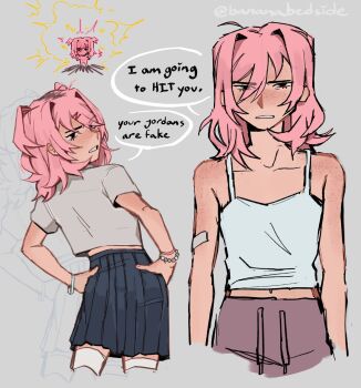 1girl alternate_costume alternate_hairstyle bandaid bandaid_on_arm blue_skirt body_freckles bracelet chibi chibi_inset commentary cropped_legs doki_doki_literature_club english_commentary english_text explosion eyelashes freckles grey_background grey_pants hair_between_eyes hair_down hair_intakes hair_ornament hands_on_own_hips highres jewelry looking_back medium_hair meme multiple_views natsuki_(doki_doki_literature_club) pants pink_hair rayne_(bananabedside) shirt short_sleeves short_twintails shoulder_freckles simple_background skirt speech_bubble tank_top thighhighs twintails twitter_username white_shirt white_tank_top white_thighhighs your_jordans_are_fake_(meme)