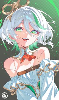 1girl :d absurdres artist_logo ascot atomicmrshmallw bare_shoulders braid cecilia_immergreen cecilia_immergreen_(1st_costume) colored_inner_hair commentary corset cross-laced_clothes cross-laced_corset detached_collar detached_sleeves doll_joints double-parted_bangs dress english_commentary flat_chest green_corset green_eyes green_hair grey_hair hair_between_eyes hair_ornament highres hololive hololive_english joints logo looking_at_viewer multicolored_hair open_mouth red_ascot shirt short_hair side_braid single_braid smile solo strapless strapless_dress strapless_shirt streaked_hair underbust upper_body virtual_youtuber white_shirt white_sleeves winding_key