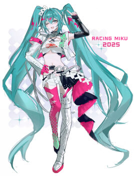 1girl ;d absurdly_long_hair absurdres aqua_eyes aqua_hair arm_up boots character_name chinese_commentary clothes_writing commentary_request crop_top full_body gloves goodsmile_company goodsmile_racing hair_between_eyes halftone hand_on_own_hip hatsune_miku highres long_hair long_sleeves looking_at_viewer midriff navel official_alternate_costume one_eye_closed open_mouth paint pink_gloves pink_thighhighs racing_miku racing_miku_(2025) shirt short_shorts shorts single_thigh_boot single_thighhigh sketch smile solo sparkle standing thigh_boots thighhighs twintails very_long_hair vocaloid white_boots white_shirt white_shorts zhishi_mao_tiao