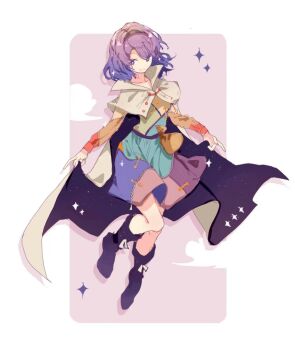 1girl cape cloak cloud_print dianguang_qishi dress full_body green_hairband hairband highres multicolored_dress multicolored_hairband orange_sleeves patchwork_clothes pointing pointing_up rainbow_gradient rainbow_hairband short_hair shoulder_guard sky_print solo star_(symbol) tenkyuu_chimata touhou two-sided_cape two-sided_fabric white_cape white_cloak yellow_sleeves