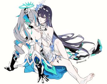Rule 34 | 2girls, armor, armored dress, bare shoulders, barefoot, blue dress, blue eyes, blue hair, blue halo, breasts, bronya zaychik, bronya zaychik (herrscher of truth), colored inner hair, dress, drill hair, feet, flower, gauntlets, grey hair, hair flower, hair ornament, halo, hand on another's shoulder, hashtag-only commentary, highres, honkai (series), honkai impact 3rd, long hair, multicolored hair, multiple girls, oldsprout1108, seele vollerei, seele vollerei (herrscher of rebirth), simple background, small breasts, soles, toes, twin drills, twitter username, two-tone hair, very long hair, white background, white dress, yuri