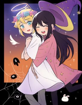 1boy 1girl aged_down alternate_costume antenna_hair aubrey_(faraway)_(omori) aubrey_(omori) basil_(faraway)_(omori) basil_(omori) black_hair black_pantyhose blonde_hair blue_eyes blush bug_bunny_(omori) closed_eyes double-parted_bangs fake_halo flower flower_wreath grey_pants hair_between_eyes halloween_costume halo hat head_wreath highres hug hug_from_behind interlocked_fingers long_hair looking_at_viewer low_ponytail omori open_mouth own_hands_clasped own_hands_together pants pantyhose ponytail purple_hat segue5o short_hair short_sleeves sidelocks smile something_(omori) teeth upper_teeth_only witch_hat