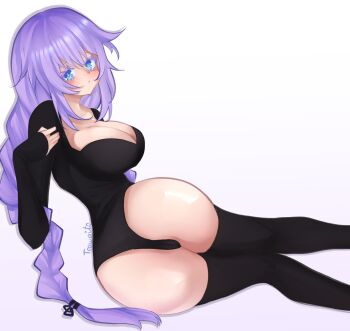 1girl absurdres artist_name black_socks blue_eyes braid breasts cleavage commentary highres large_breasts long_hair neptune_(neptunia) neptune_(series) power_symbol-shaped_pupils purple_hair purple_heart_(neptunia) simple_background socks solo symbol-shaped_pupils teawaito twin_braids white_background