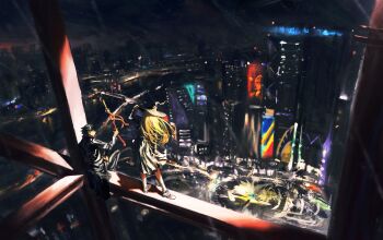 2boys absurdres black_hair black_jacket bridge building character_request city_lights construction_site feitu233 forever_7th_capital from_behind full_body highres holding holding_sword holding_weapon jacket male_focus motion_blur multiple_boys night rain river road sandals scenery short_hair sitting skyscraper standing street sword weapon