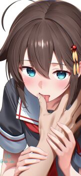 1girl 1other ahoge black_hair black_shirt blue_eyes commentary_request highres iwabuchi501 kantai_collection licking long_hair neckerchief red_neckerchief sailor_collar sailor_shirt shigure_(kancolle) shigure_kai_ni_(kancolle) shirt simple_background upper_body white_background white_sailor_collar