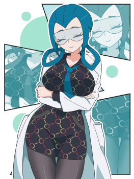 1girl black_dress black_pantyhose blue-tinted_eyewear blue_hair blue_necktie breasts closed_eyes closed_mouth coat commentary_request cowboy_shot crossed_arms dress facing_viewer glasses hair_rings highres kanbei_(pixiv11037490) lab_coat long_hair long_sleeves mable_(pokemon) necktie nintendo open_clothes open_coat pantyhose pokemon pokemon_legends:_z-a safety_glasses smile solo tinted_eyewear white_coat