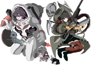 Rule 34 | 1girl, 2boys, ahoge, alien, angry, apologizing, astronaut, black hair, black skirt, blunt bangs, bow (weapon), cape, chain, chibi, commentary request, crossbow, crying, crying with eyes open, danganronpa (series), danganronpa v3: killing harmony, facial hair, goatee, gun, hair between eyes, hair ornament, harukawa maki, helmet, highres, holding, holding crossbow, holding gun, holding weapon, hood, hooded cape, jacket, kneeling, knife, korean commentary, long hair, long sleeves, looking at viewer, low twintails, momota kaito, multiple boys, multiple weapons, muted color, official alternate costume, outline, pants, purple eyes, purple hair, red thighhighs, saihara shuichi, short hair, skirt, skull, smile, space helmet, spiked hair, tanhwan, tears, thighhighs, thumbs up, topless male, twintails, very long hair, weapon, white background, white outline